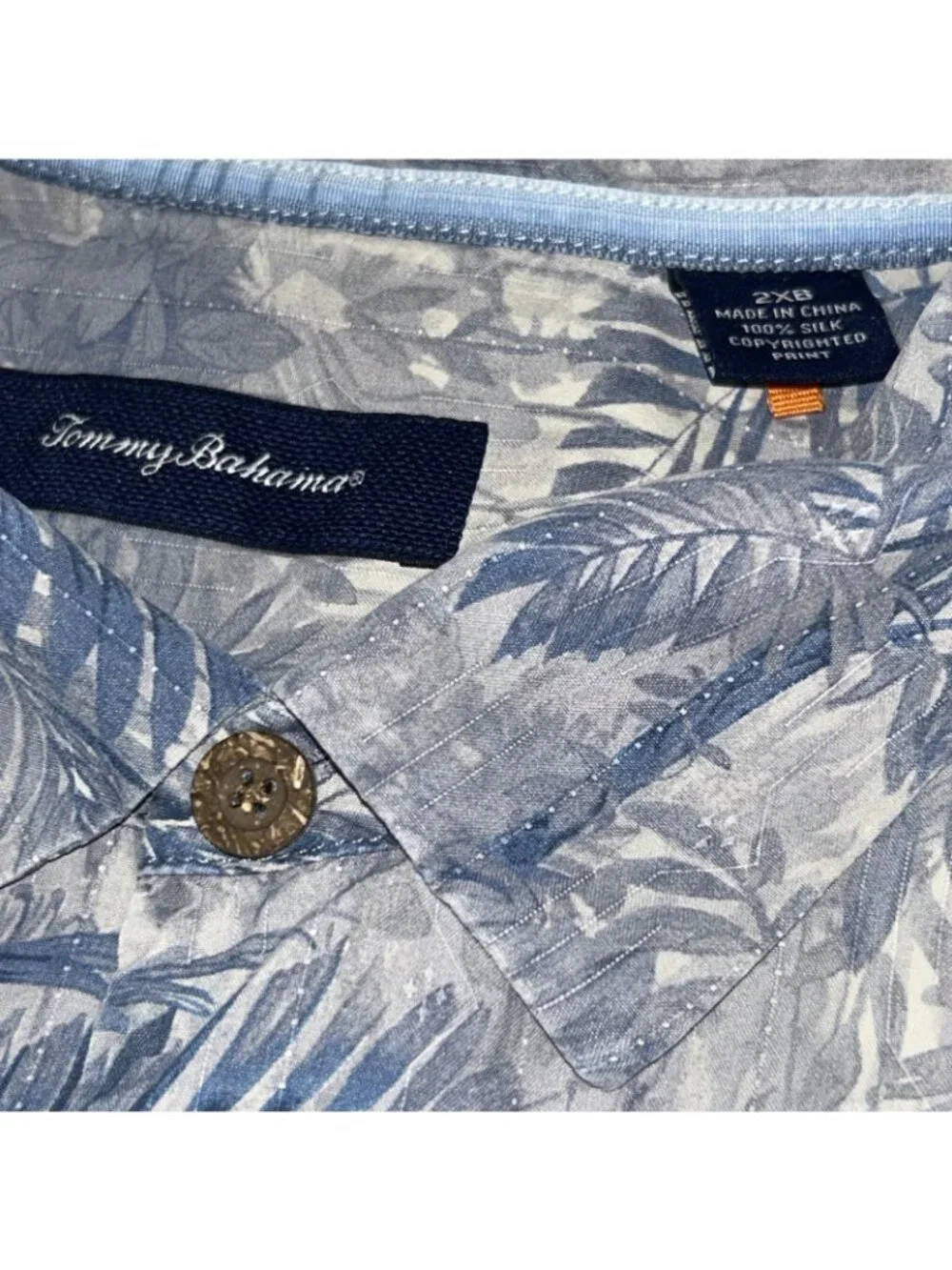 Tommy Bahama Men’s 2XB Blue Palm-Print Button-Up Silk Shirt